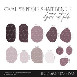May include: A digital cut file bundle titled OVAL & PEBBLE SHAPE BUNDLE featuring various mauve-toned shapes with a repeating line pattern. Each shape includes specific metric dimensions in centimeters, ranging from 6 cm to 20 cm in height.