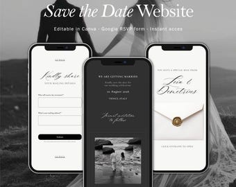 Ivoorkleurige save-the-date-websitesjabloon met frame met reliëf, bewerkbare site in canva met ingesloten mailingformulier, minimalistische digitale uitnodiging