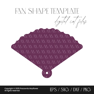 Può includere: Un modello a forma di ventaglio viola con un motivo a linee bianche ripetute. Il testo recita FAN SHAPE TEMPLATE digital cut files, con informazioni sul copyright e i formati EPS, SVG, DXF e PNG elencati in fondo al design grafico.