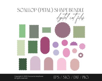 Scalloped shape bundle set, Petal arch shape, Scallop edge, Scallop circle outline, Scalloped rectangle frame, Scalloped square svg shapes