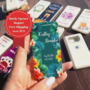 Custom Wedding Souvenirs, Tropical Theme Magnet Set with Bottle Opener, Tropical Theme Wedding Favors, Bulk Magnets, Unique Bottle Openers
