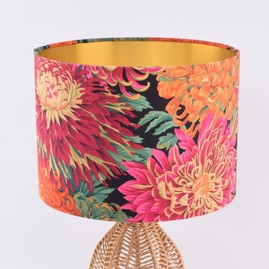 Floral Japanese Chrysanthemum Drum Lampshade Gold Copper Silver Lining Red Orange Pink Flowers