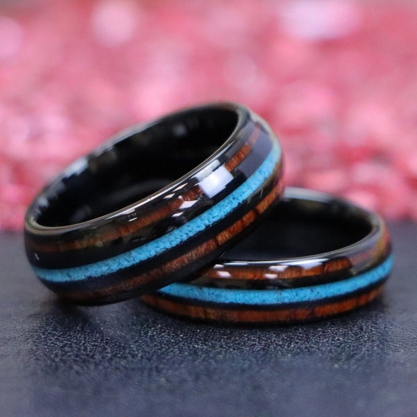 Black Hawaiian Koa Turquoise Inlay Tungsten Band, Black Domed Classic Wedding Promise Ring, Engraved Couple Band, Womens Wooden Wedding Band