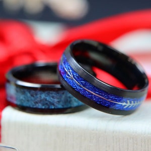 Feathered Arrow Inlay Black Tungsten Wedding  Ring,Blue Meteorite Inlay Engagement Ring, Silk Inlay Ring, Christmas gifts, valentine's gifts
