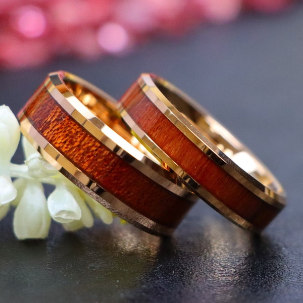 Hawaiian Koa Wood Inlay Center Ring, Mens Rose Gold Wedding Ring, 6mm/8mm Koa Wood Wedding Band, Mens Engagement Ring, Couple Wood Ring Band