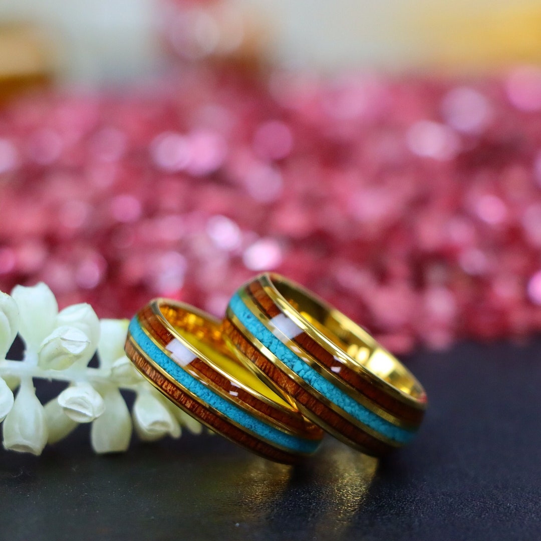 Gold Couple Ring Rosewood Inlay Wedding Ringstungsten Crushed Etsy