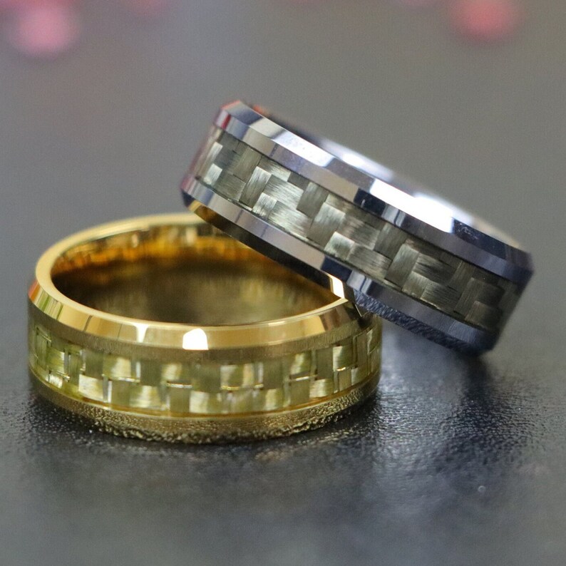 Silver Brushed Tungsten Band, Gray/gold Carbon Fiber Inlay Rings ...