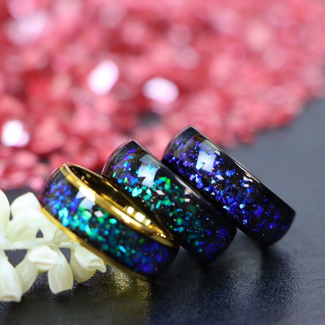 Blue/green Opal & Abalone Fragment Inlay Mens Unique Wedding Rings