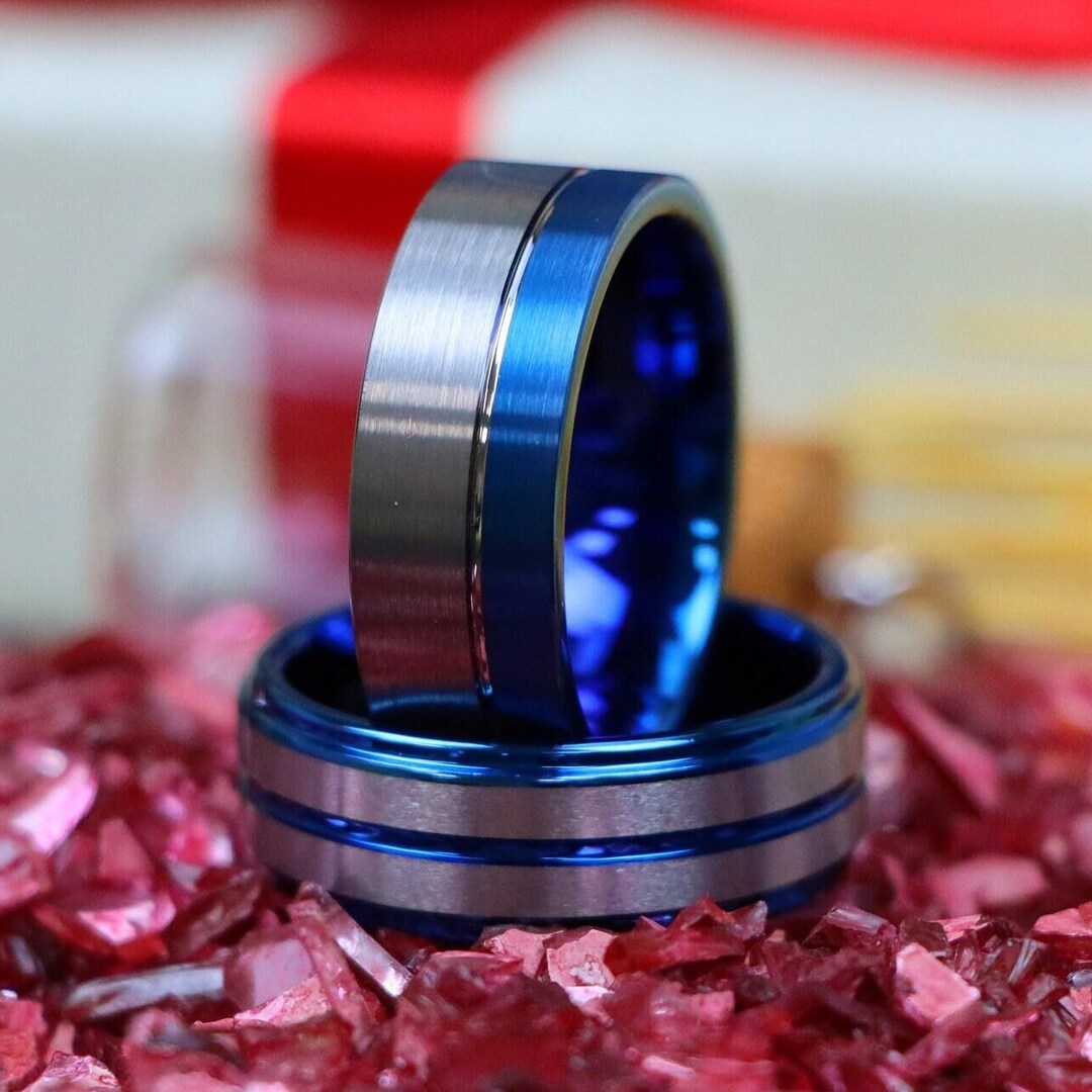 Gray Tungsten Engagement Bandscouple Proposal Ringsblue Etsy