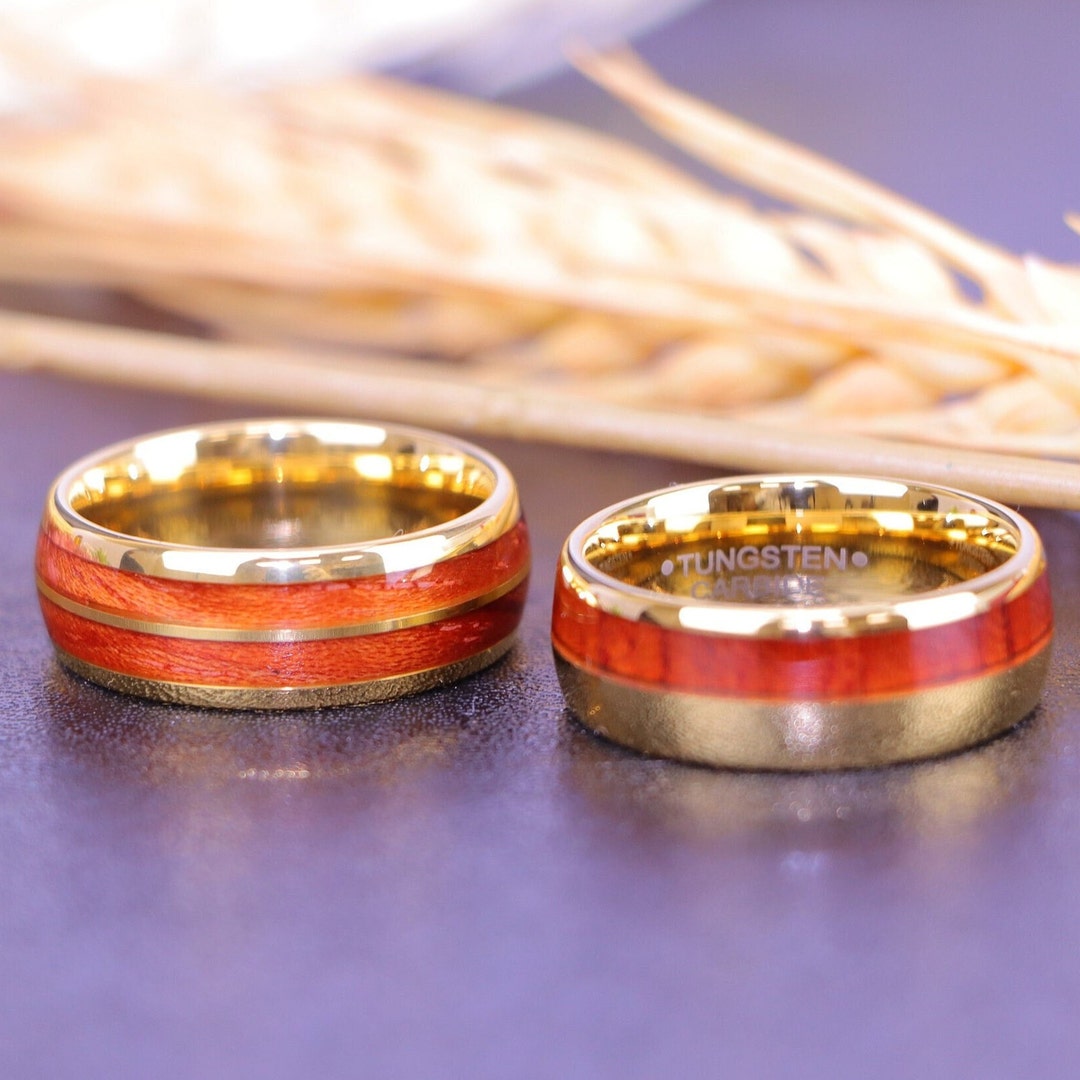 Half Hawaiian Koa Wood Inlay Rings, Yellow Gold Tungsten Wedding Bands ...