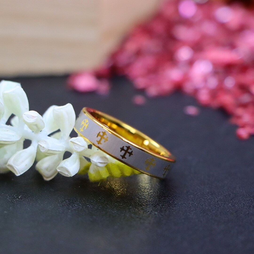 Gold Tungsten Ring Cross Religious Wedding Band Yellow Gold Etsy