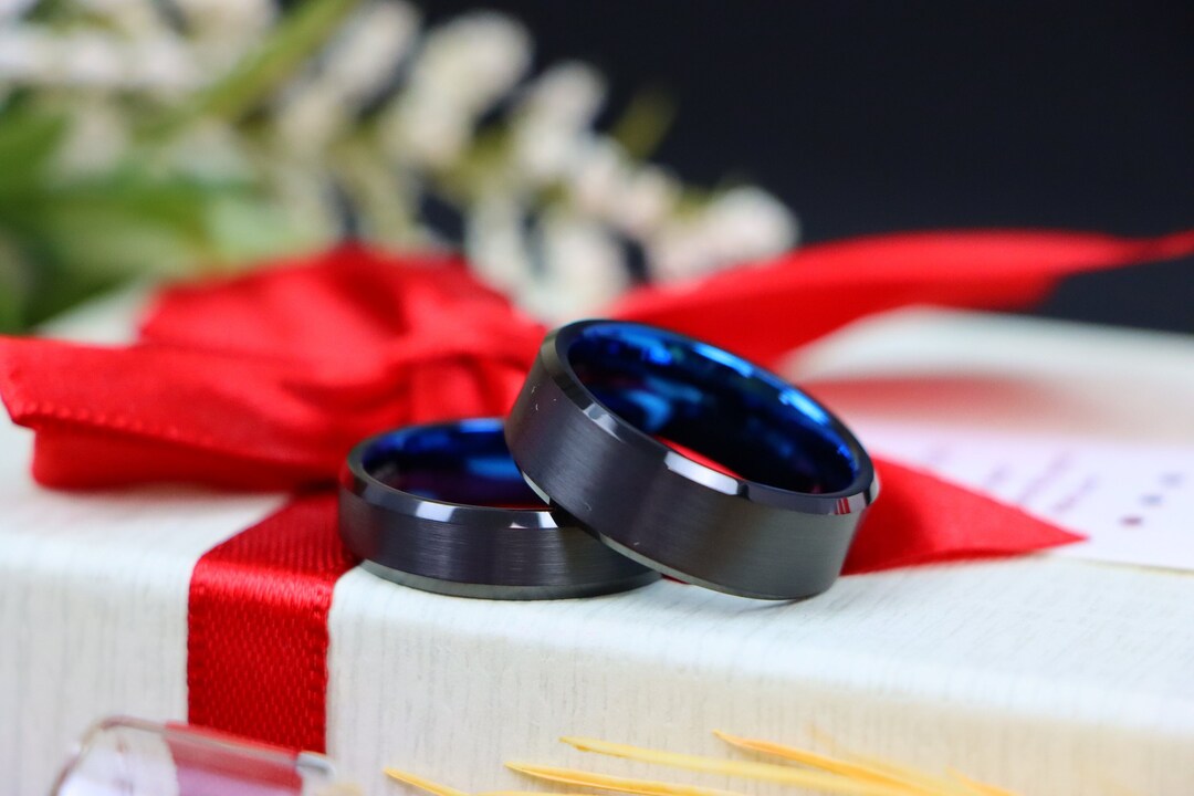 Blue Mens Wedding Band Black Brushed Tungsten Ring Matching Etsy