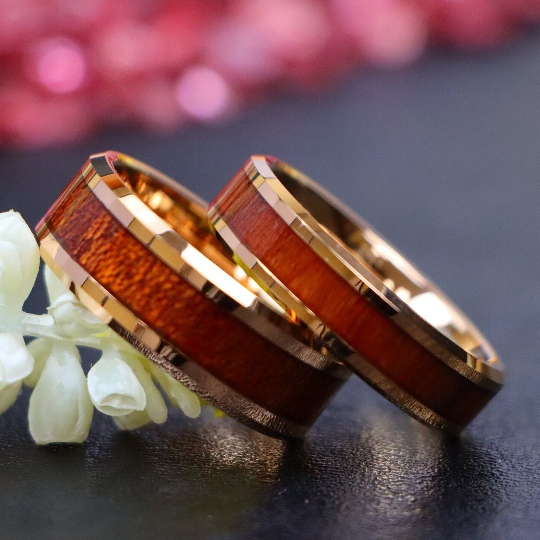 Hawaiian Koa Wood Inlay Engagement Rings,rose Gold Tungsten 6mm/8mm