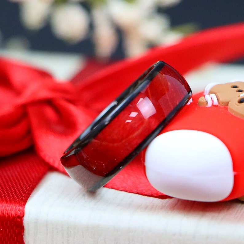 Red Exotic Dyed Wood Inlay Wedding Ring,black Tungsten Proposal Band