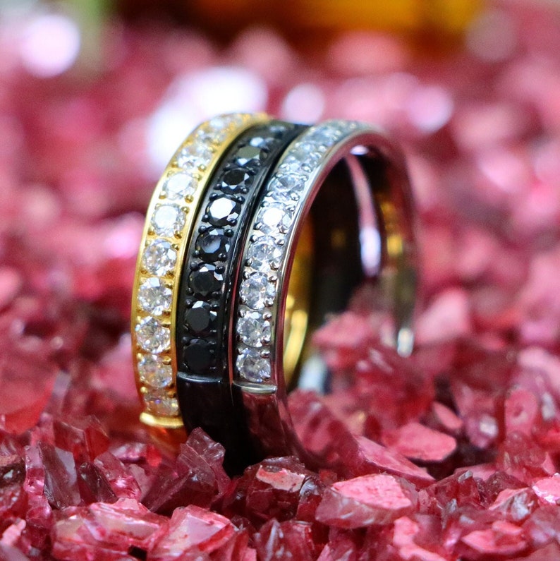 Round Cut Diamond Proposal Rings, Stacking Gold Titanium Engraved Rings, Black Titanium Daily