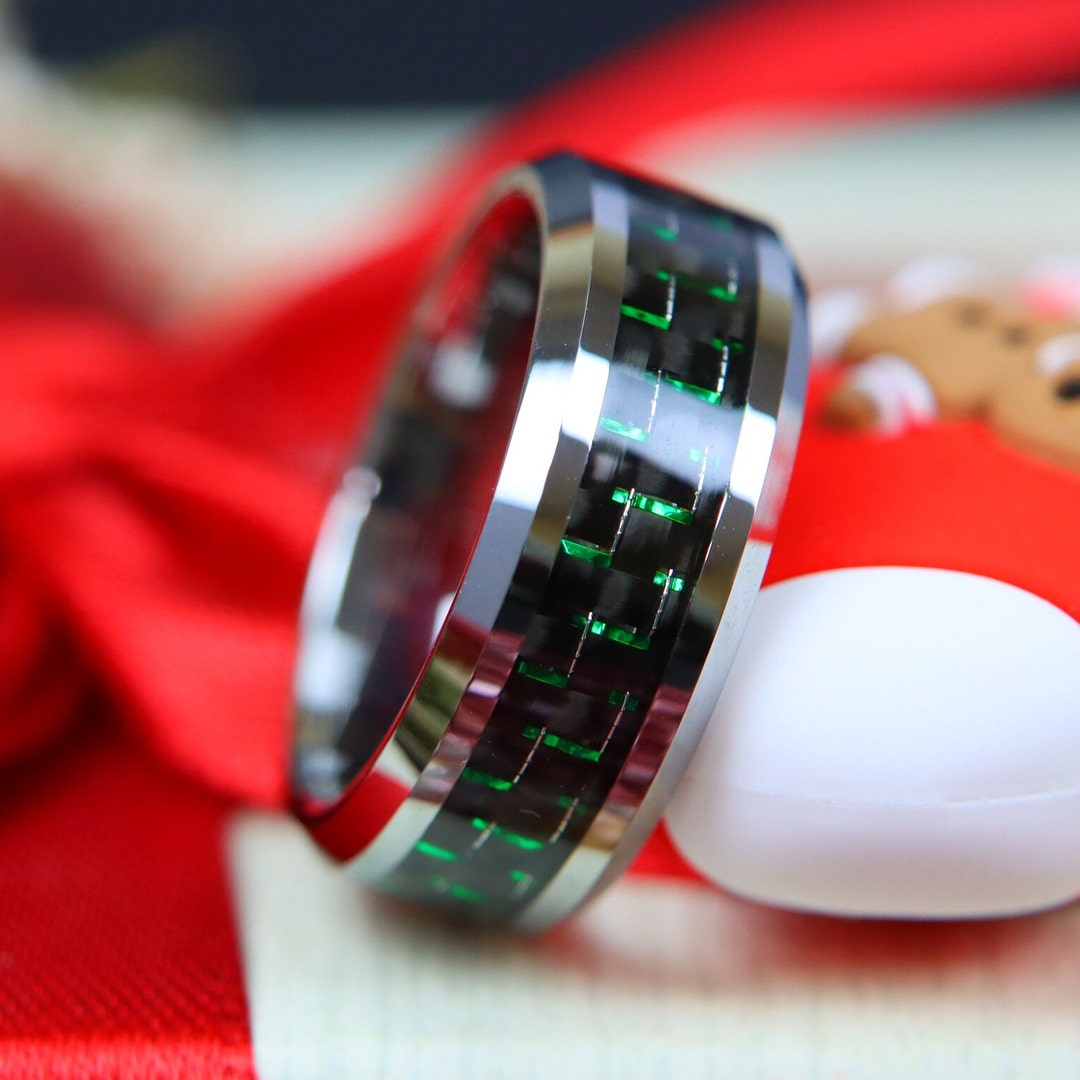 Black Tungsten Daily Wear Promise Ring, Women's Wedding Band, Green