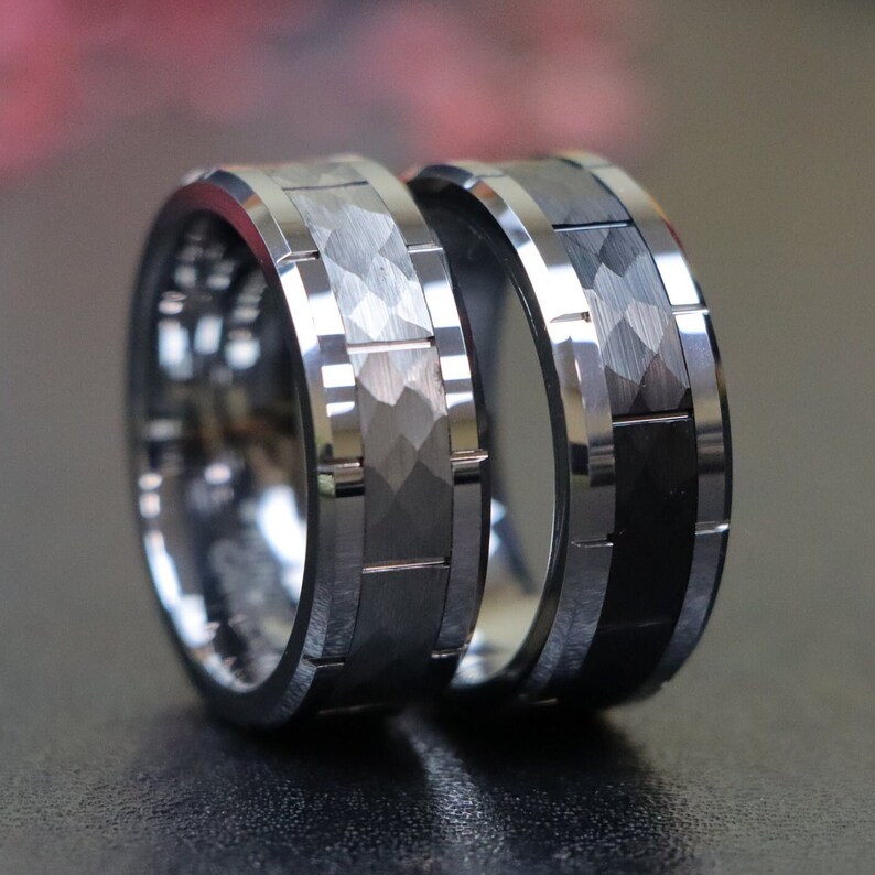 Silver Tungsten 8mm Anniversary Rings,hammered Gray Tungsten Promise