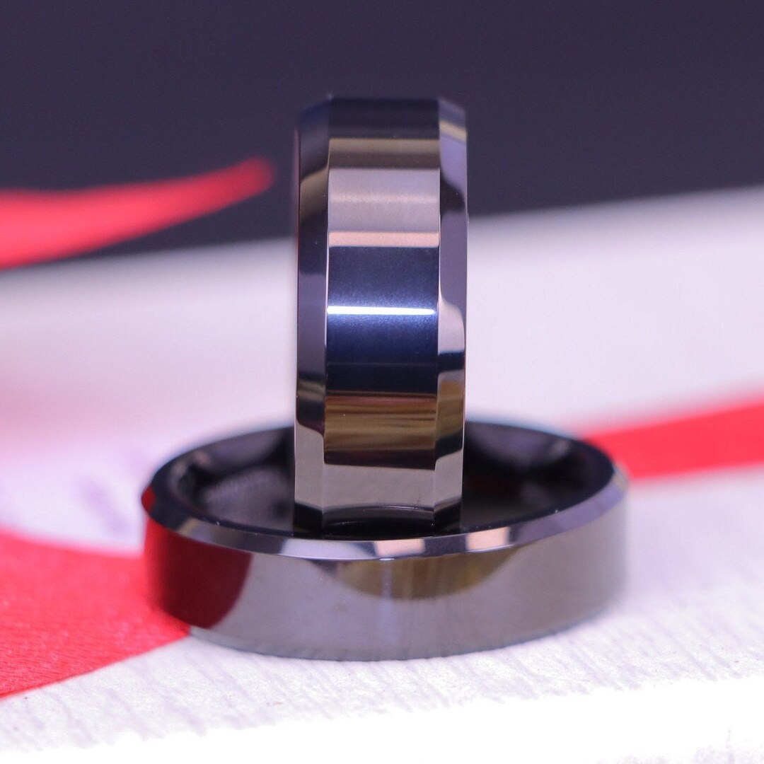 8mm Black Tungsten Carbide Men's Wedding Ring - Two Tone Brushed Finish, Comfort Fit, Size 6.5