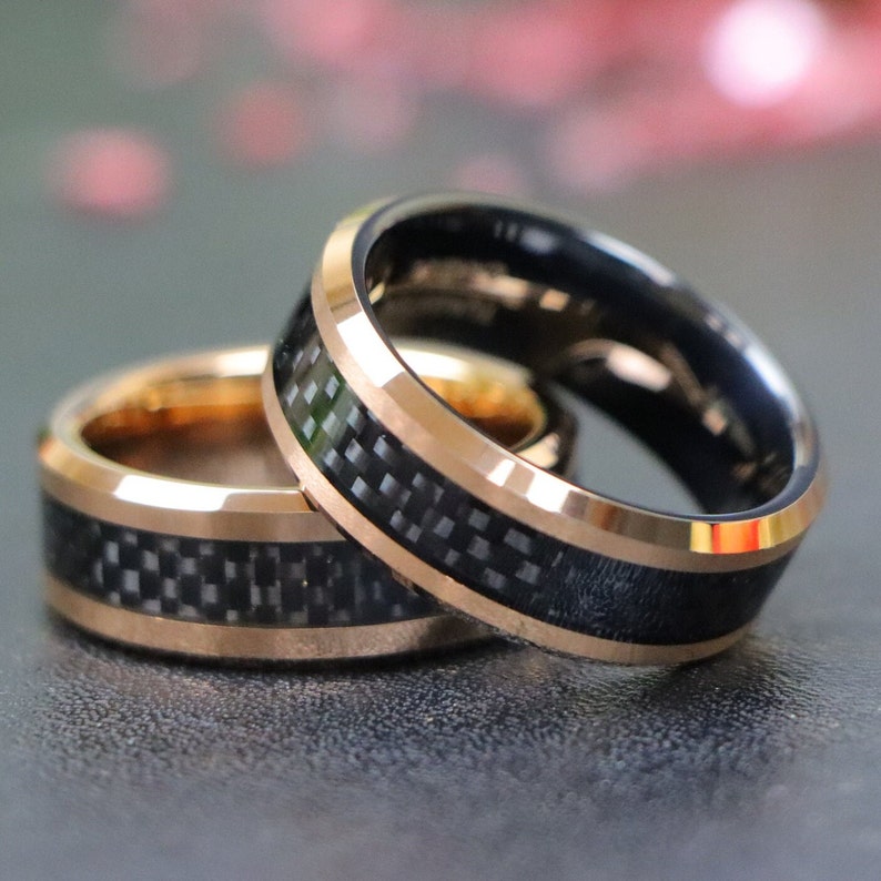 Rose Gold Tungsten Bands, Couple Matching Stylish Jewelry, Black Carbon ...