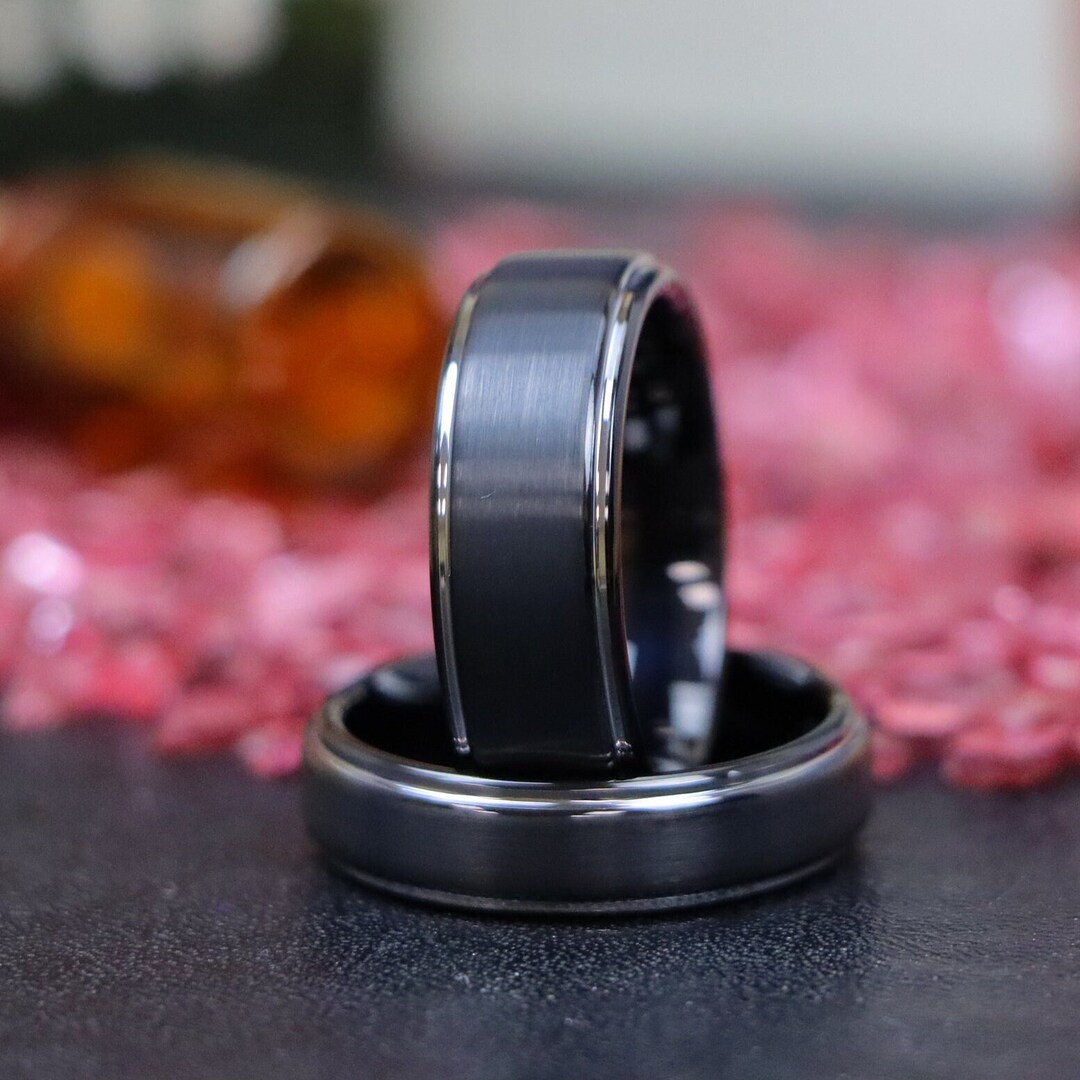 Black Tungsten Couple Rings Black Brushed Center & Silver Etsy