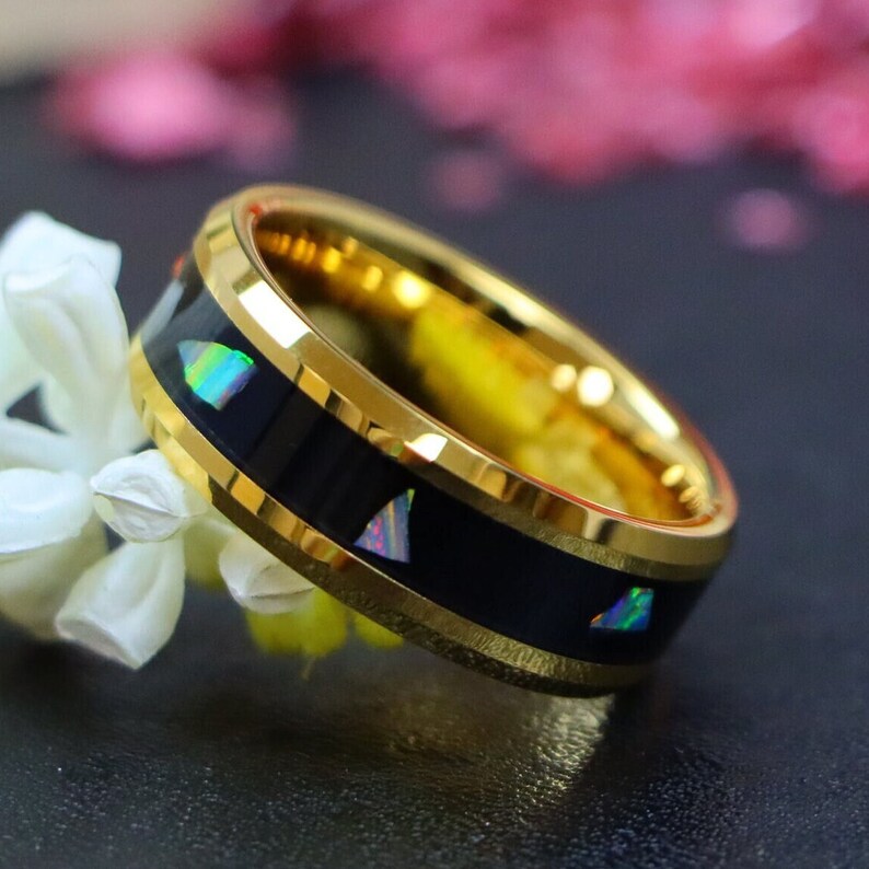 Abalone Shell Inlay Band, Handcrafted Jewelry, Yellow Gold Tungsten ...