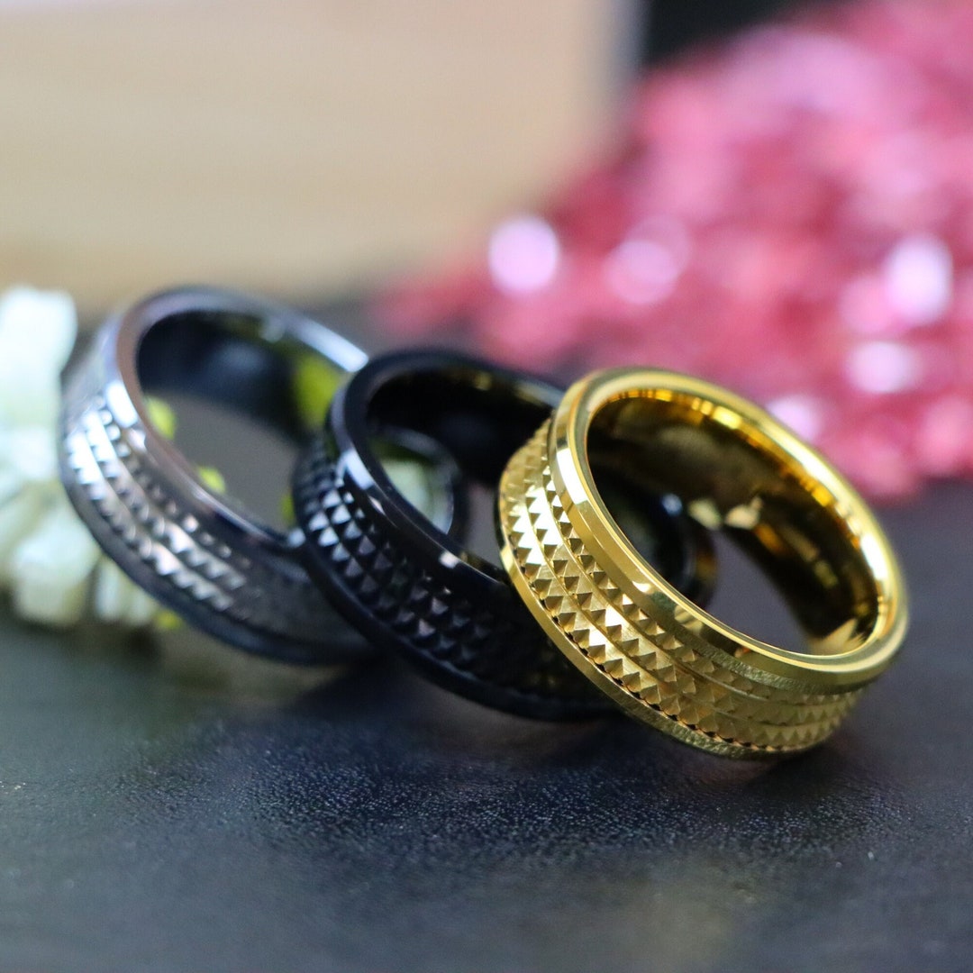 8mm Yellow Gold Ring Jagged Center Tungsten Rings Black Gold Etsy