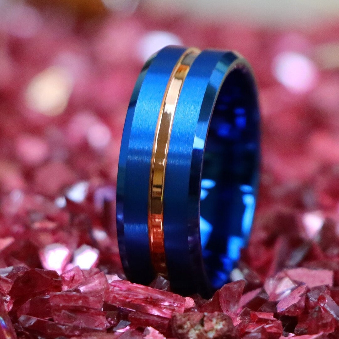 Matte Ring for Men Rose Gold Groove Wedding Band Blue Etsy