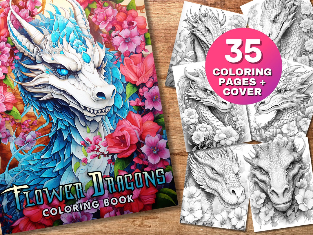 35 Dragon Coloring Pages, Flower Dragon Coloring Book, Fantasy ...
