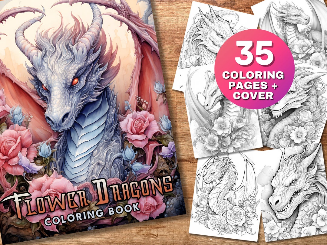 35 Dragon Coloring Pages, Flower Dragon Coloring Book, Fantasy ...