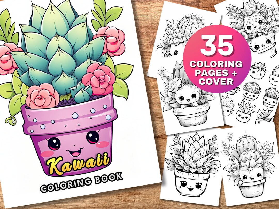 35 Kawaii Succulent Coloring Pages, Kawaii Coloring Book, Cute Succulent Colouring Pages, Adult ...