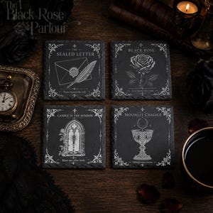 Set di sottobicchieri in ardesia gotica, sottobicchieri a tema "Romanzo Vampiro con Rosa Nera", arredamento dark academia. immagine 1