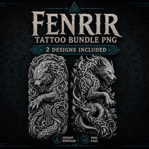 May include: A digital art image featuring the text "FENRIR TATTOO BUNDLE PNG" and "2 DESIGNS INCLUDED". The image showcases two detailed black and white wolf designs with intricate knotwork, suitable for tattoos. Includes "INSTANT DOWNLOAD" and "PNG FILES".