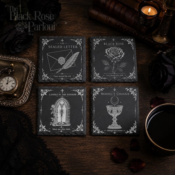 Gothic Slate Coaster Set, Black Rose Vampire Romance Coasters, Dark Academia Home Décor
