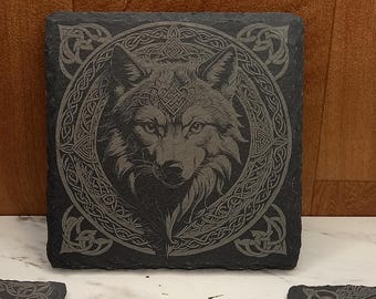 Posavasos de pizarra con diseño de animales vikingos: vajilla con nudos celtas (paquete de 4)
