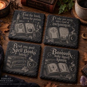 May include: Four square black slate coasters featuring engraved illustrations of open books, steaming mugs, and celestial motifs. Each coaster displays unique text: Find the book brew the potion, I'll take you away, Read any good Spell Books lately?, and Boooook make thyself known.