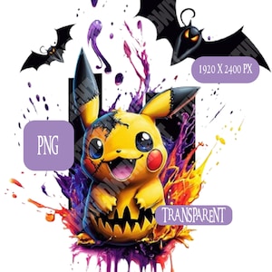 May include: A yellow Pikachu cartoon character with a stitched-up face and a jack-o'-lantern smile. The character is surrounded by colourful paint splatters and three black bats. The image is labelled "PNG" and "TRANSPARENT" and has a resolution of 1920 x 2400 pixels.