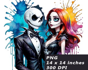 Jack&#39;s Love Watercolor PNG: Halloween Couple Sublimation Design (Digital Download)