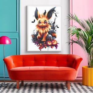 May include: A digital illustration of a brown and yellow Eevee Pokemon with orange eyes, sitting on a pile of autumn leaves and pumpkins. The background is white.