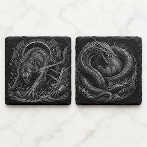 Norse Mythology Slate Coaster Set, Fenrir Jormungandr Viking Gift