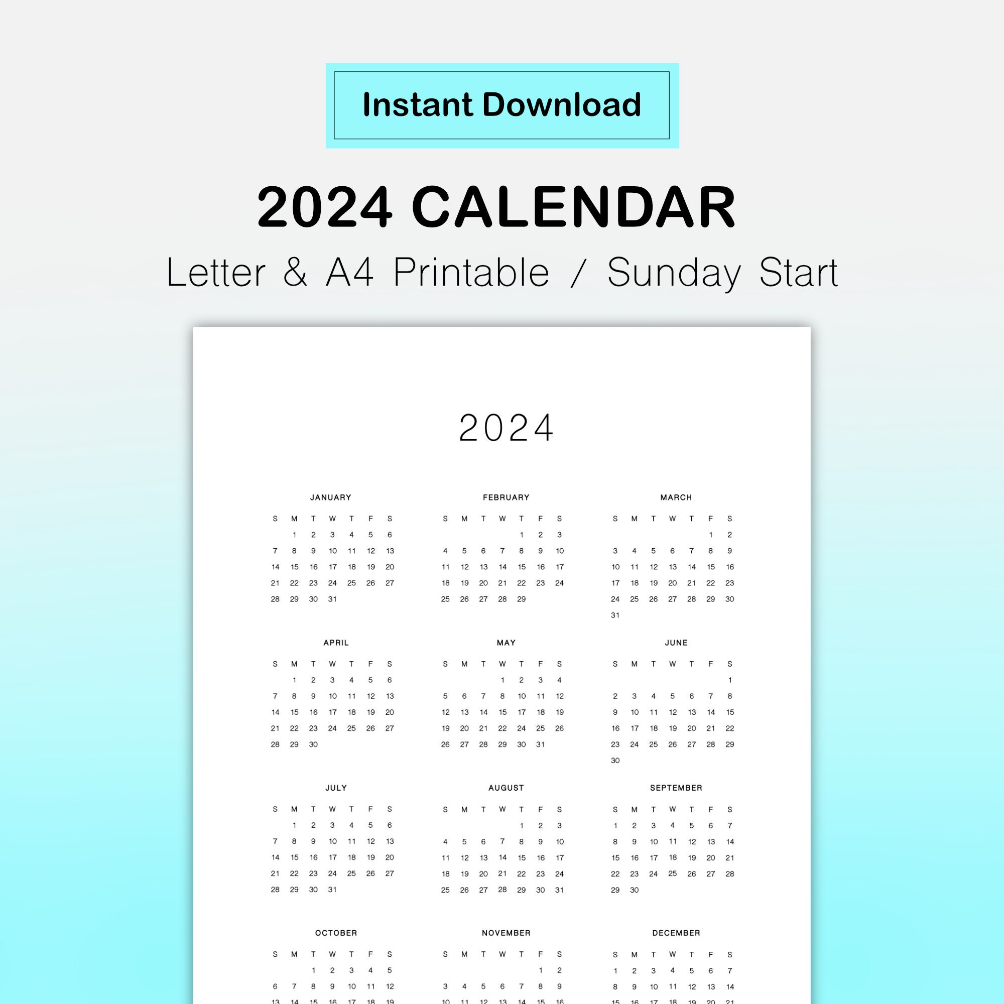 2024 Full Year Calendar Minimalist Yearly Calendar Printable - Etsy