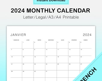 calendrier 2024 francais Planificateur mensuel imprimable A4, Lettre, Légal, Calendrier A3 Calendrier horizontal Téléchargement instantané PDF