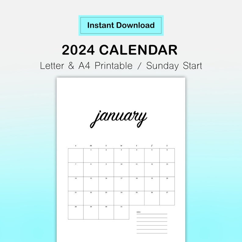 2024 Minimalist Calendar Printable Monthly Planner 2024 A4 Etsy