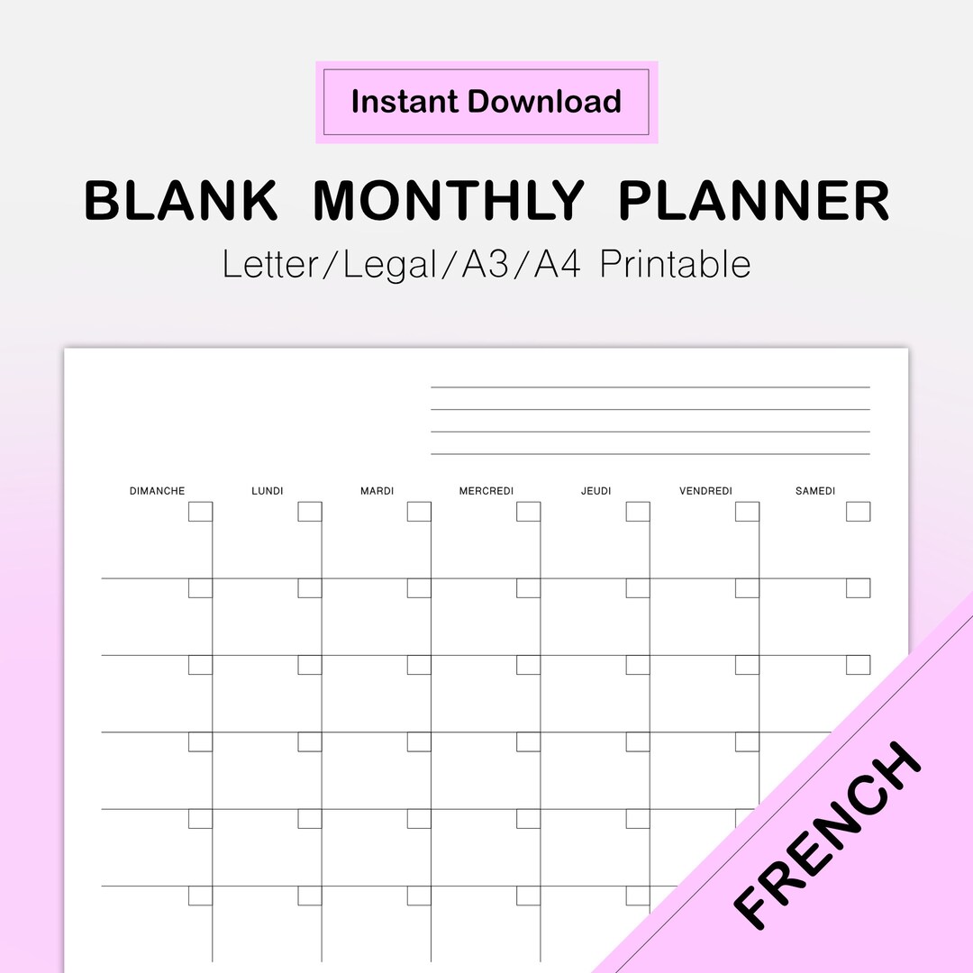 FRENCH Monthly Planner Printable BLANK A4 Letter Legal A3 Etsy