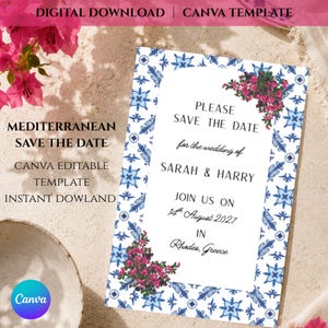 Puede incluir: Una tarjeta rectangular de save the date con un borde de patrón de azulejos azules y blancos y detalles florales de buganvillas rosas. El texto dice: PLEASE SAVE THE DATE for the wedding of SARAH & HARRY JOIN US ON 14th August 2027 IN Rhodes, Greece.