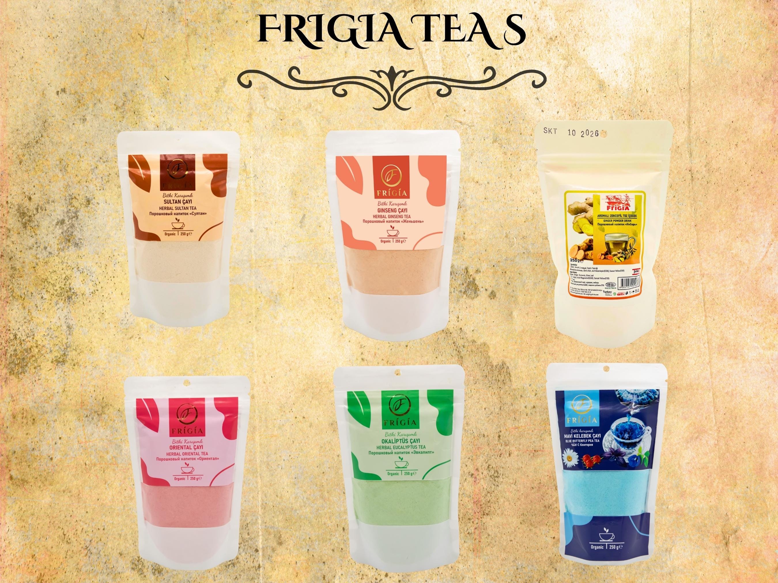 Ground Tea Sample Pack 6 Varieties - Mint Sultan, Ginseng, Ginger, Pomegranate, Eucalyptus & Blue Butterfly Pea Tea Sampler