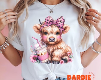 Pink Highland Cow PNG Iced Coffee Drinker Png Coquette Leopard Print Cute Cow Png Sublimation Design Clipart Digital Download