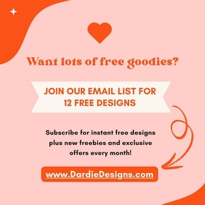 Pode incluir: Gr&aacute;fico laranja e rosa com um cora&ccedil;&atilde;o e estrelas. O texto diz: "Quer muitos brindes gr&aacute;tis? INSCREVA-SE NA NOSSA LISTA DE EMAIL PARA 12 DESENHOS GR&Aacute;TIS Inscreva-se para obter desenhos gratuitos instantaneamente, al&eacute;m de novos brindes gratuitos e ofertas exclusivas a cada m&ecirc;s! www.DardieDesigns.com"