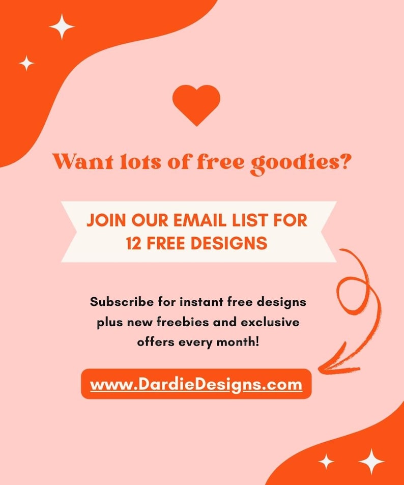 Pode incluir: Gr&aacute;fico laranja e rosa com um cora&ccedil;&atilde;o e estrelas. O texto diz: "Quer muitos brindes gr&aacute;tis? INSCREVA-SE NA NOSSA LISTA DE EMAIL PARA 12 DESENHOS GR&Aacute;TIS Inscreva-se para obter desenhos gratuitos instantaneamente, al&eacute;m de novos brindes gratuitos e ofertas exclusivas a cada m&ecirc;s! www.DardieDesigns.com"