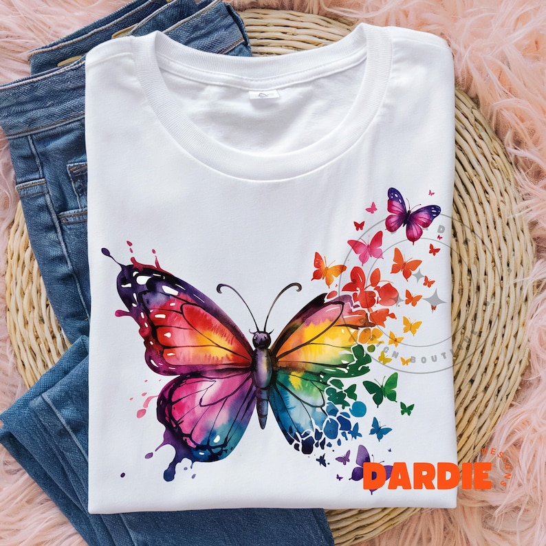 May include: White t-shirt with a colorful watercolor butterfly design. The butterfly has rainbow wings and is surrounded by smaller butterflies in various colors.