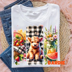 Floral Highland Cow PNG Brushstrokes Png Cute Girly Summer Strawberries Cow Lover PNG Sublimation Design Trending Clipart Digital Download